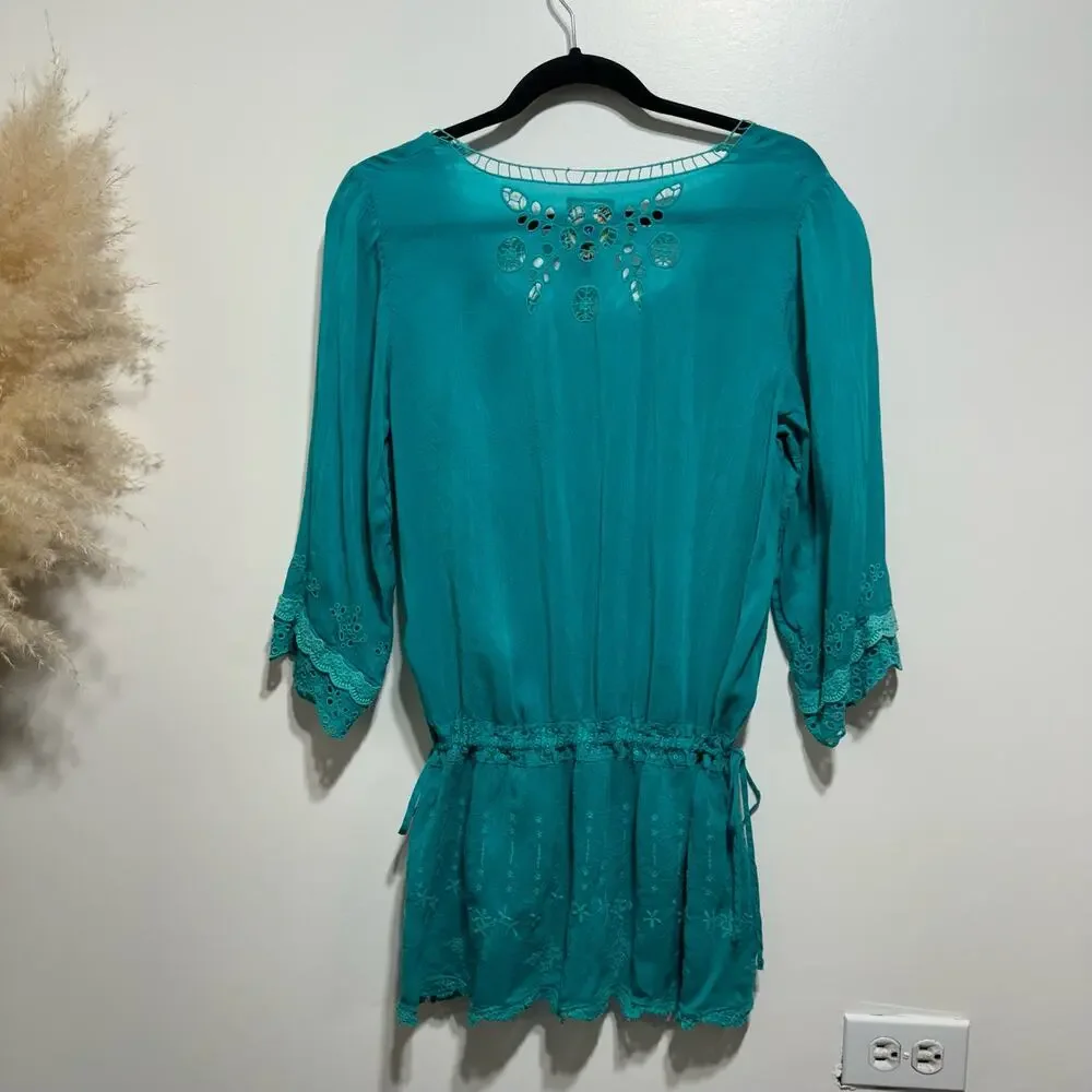 Johnny Was Teal Cupra Rayon Embroidered Cinch Waist Tunic Top Size S 3/4 Sleeve